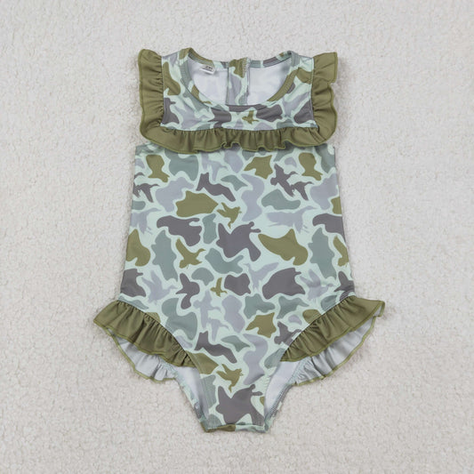 1.9 RTS NO MOQ （In stock）S0596 Baby Girls Southern Hunting Green Ducks Camo Ruffle Swimsuits