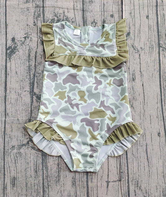 11.24 S0596 Sample No Moq Baby Girls Green Ducks Camo Ruffle Swimsuits