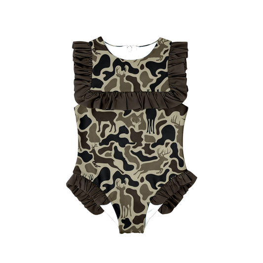 10.27 (Pre Order) No moq S0597 PRE-ORDER Baby Girls Duck Brown Deer Camo Ruffle Swimsuits