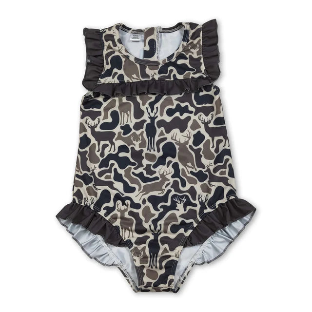 RTS Sibling Ruffle camo hunting baby girls one piece swimsuit