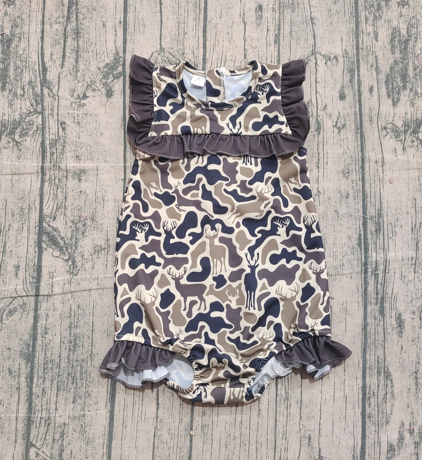 11.11 S0597 Sample No Moq Baby Girls Duck Brown Deer Camo Ruffle Swimsuits