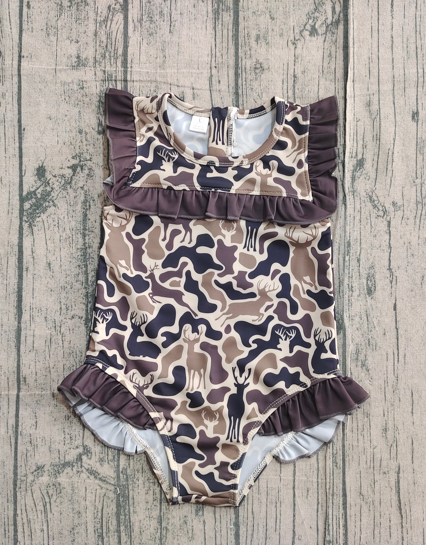 11.24 S0597 Sample No Moq Baby Girls Duck Brown Deer Camo Ruffle Swimsuits
