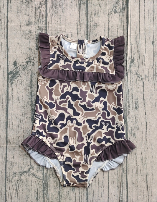11.24 S0597 Sample No Moq Baby Girls Duck Brown Deer Camo Ruffle Swimsuits