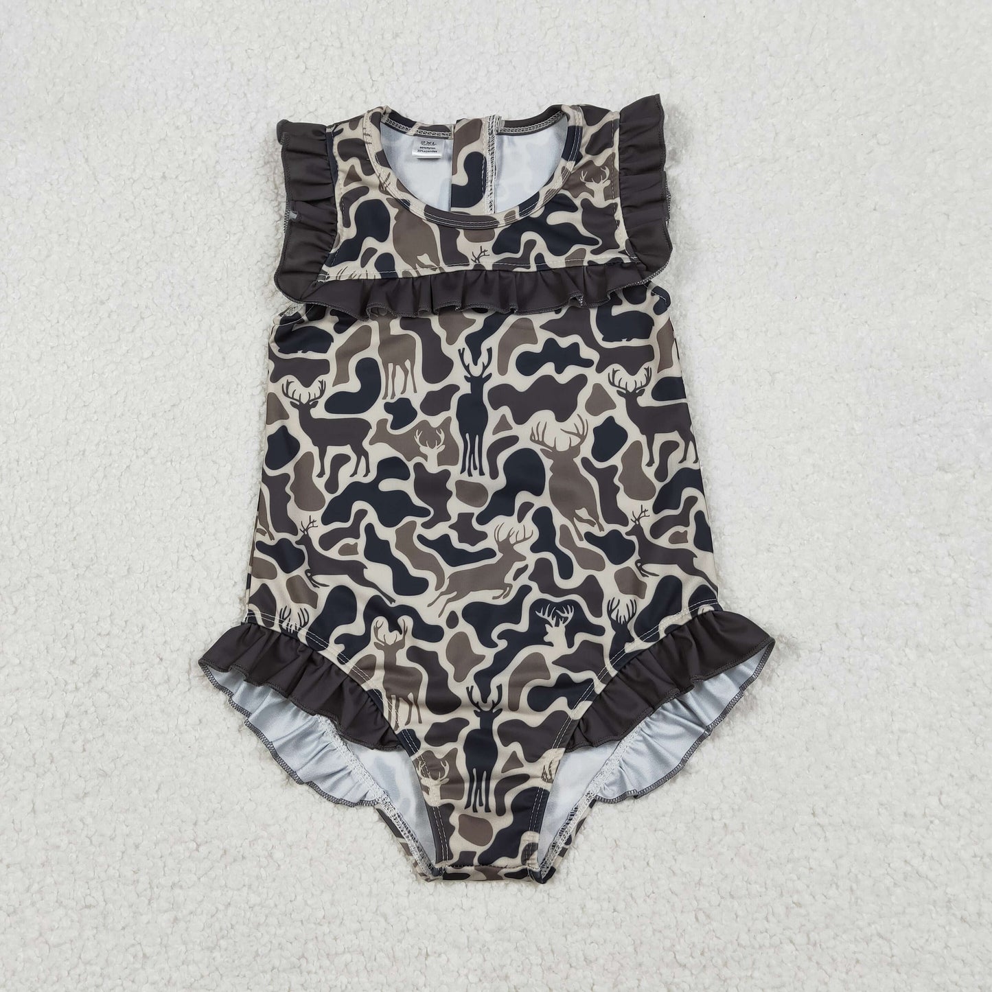 12.23 RTS NO MOQ （In stock）S0597 Baby Girls Southern Dark Brown Deer Camo Zipper Ruffle Swimsuits