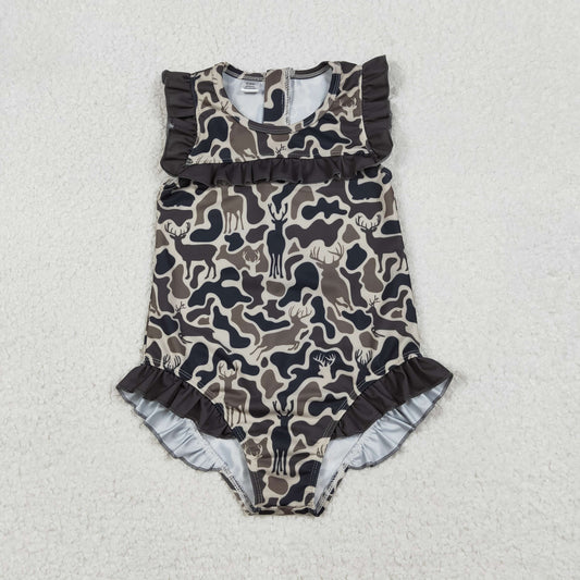 12.23 RTS NO MOQ （In stock）S0597 Baby Girls Southern Dark Brown Deer Camo Zipper Ruffle Swimsuits