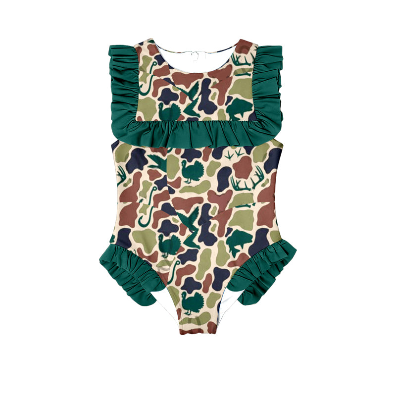 10.27 (Pre Order) No moq S0598 PRE-ORDER Baby Girls Dark Green Ducks Deer Camo Ruffle Swimsuits