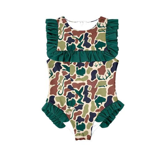 10.27 (Pre Order) No moq S0598 PRE-ORDER Baby Girls Dark Green Ducks Deer Camo Ruffle Swimsuits