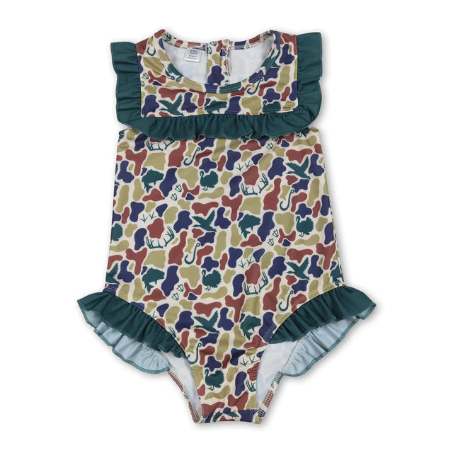 RTS Sibling Ruffle camo hunting baby girls one piece swimsuit