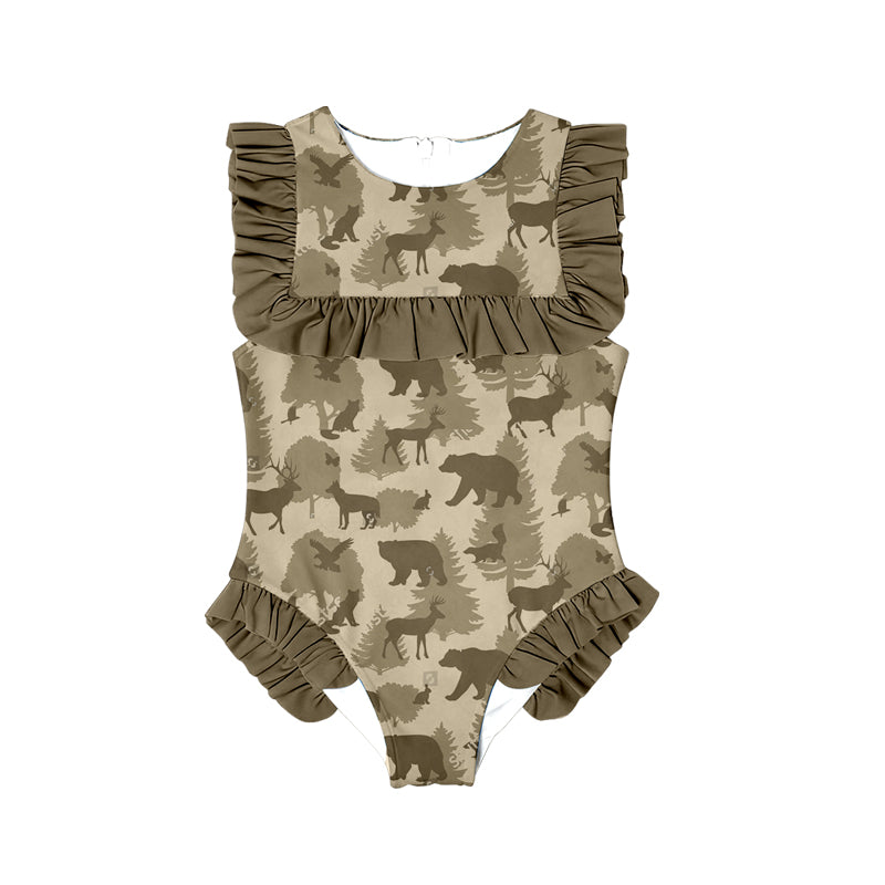 10.27 (Pre Order) No moq S0599 PRE-ORDER Baby Girls Khaki Deer Bears Camo Ruffle Swimsuits