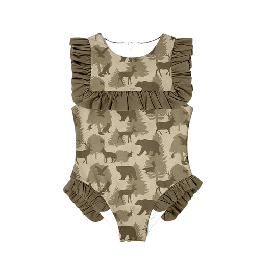 10.27 (Pre Order) No moq S0599 PRE-ORDER Baby Girls Khaki Deer Bears Camo Ruffle Swimsuits