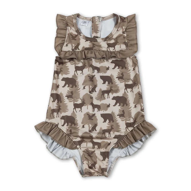 RTS Sibling Ruffle camo hunting baby girls one piece swimsuit