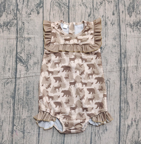 11.11 S0599 Sample No Moq Baby Girls Khaki Deer Bears Camo Ruffle Swimsuits