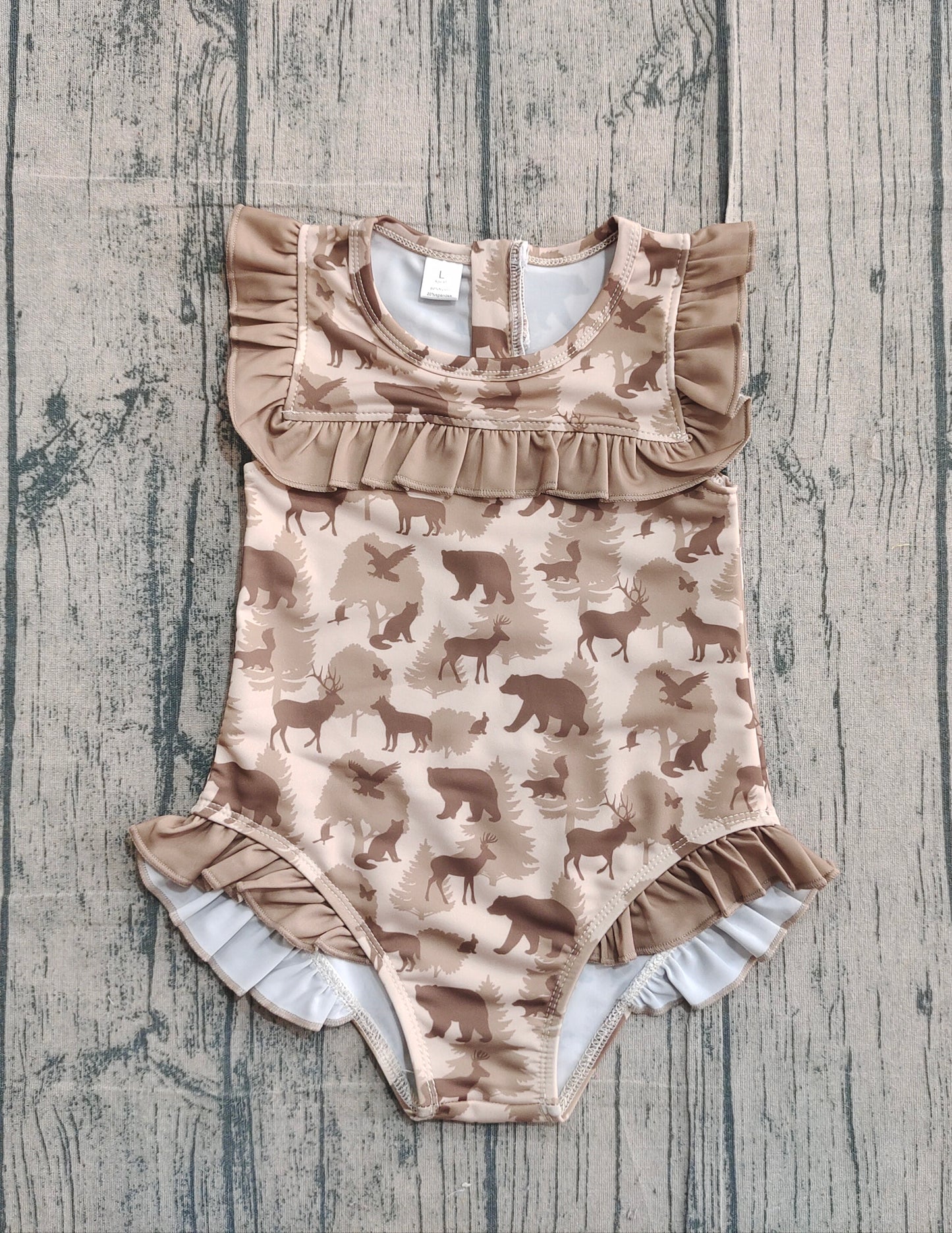 11.24 S0599 Sample No Moq Baby Girls Khaki Deer Bears Camo Ruffle Swimsuits