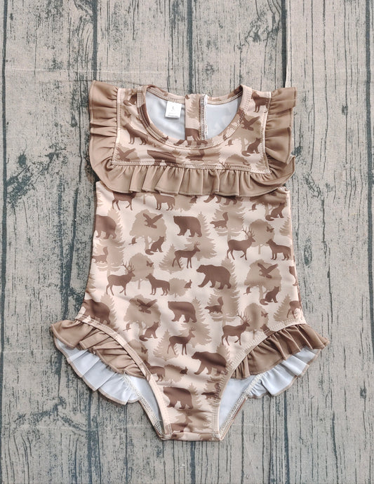 11.24 S0599 Sample No Moq Baby Girls Khaki Deer Bears Camo Ruffle Swimsuits