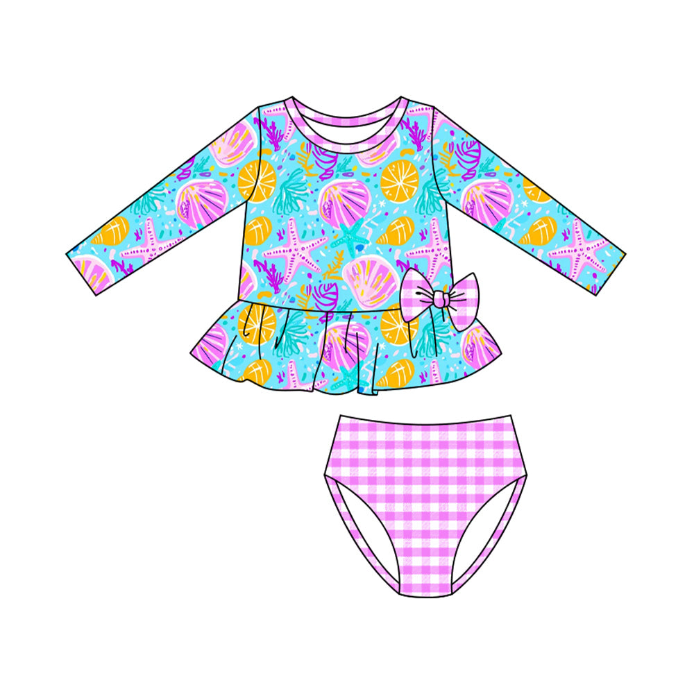10.27 (Pre Order) No moq S0600 PRE-ORDER Baby Girls Sea World Ruffle Top Checked Bummies 2 Piece Swimsuits