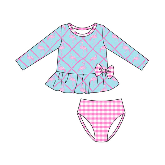 10.27 (Pre Order) No moq S0601 PRE-ORDER Baby Girls Flamingos Ruffle Top Checked Bummies 2 Piece Swimsuits