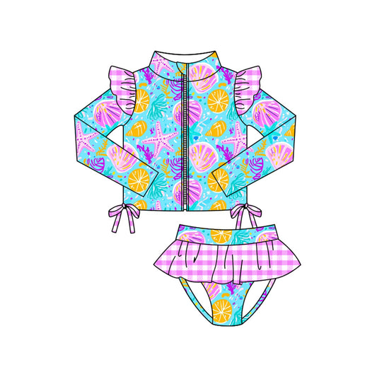 10.27 (Pre Order) No moq S0603 PRE-ORDER Baby Girls Sea World Zipper Top Ruffle Bummies 2 Piece Swimsuits