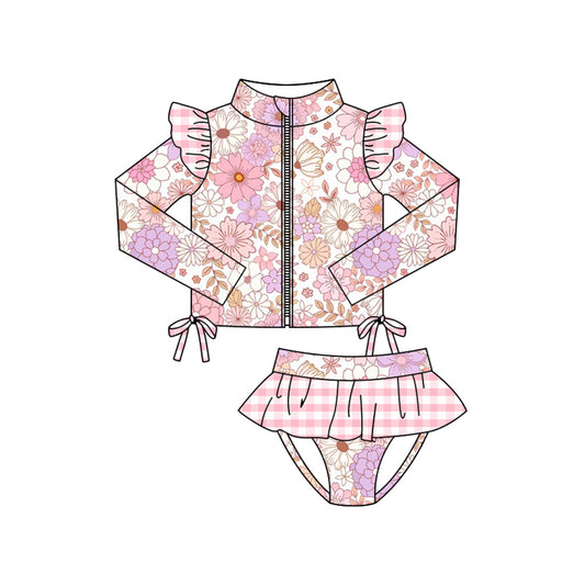10.27 (Pre Order) No moq S0605 PRE-ORDER Baby Girls Colorful Floral Zipper Top Ruffle Bummies 2 Piece Swimsuits