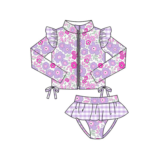 11.4 S0607 Pre order No Moq Baby Girls Purple Pink Flowers Zipper Top Tunic Bummies 2 Piece Swimsuits