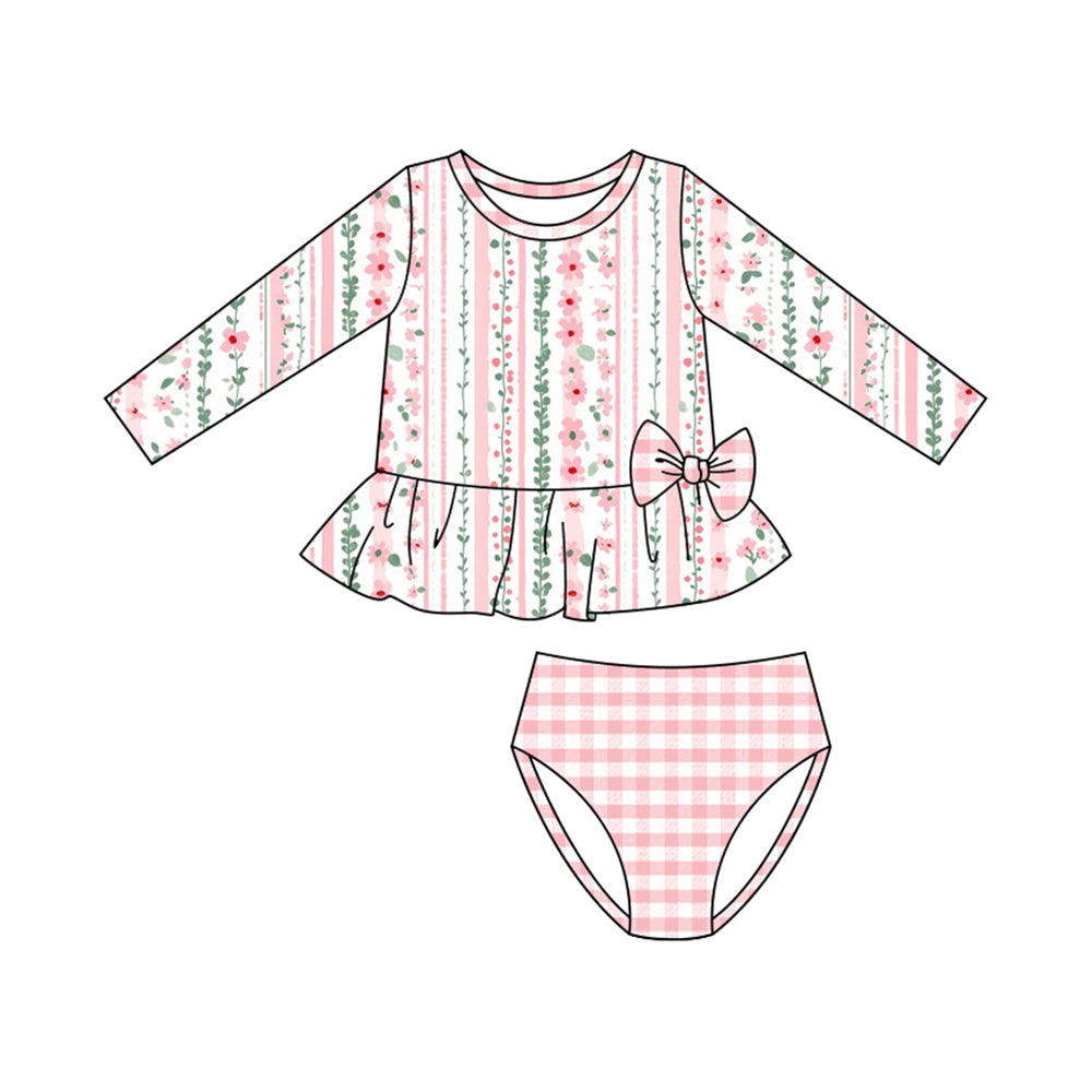 11.4 S0610 Pre order No Moq Baby Girls Pink Flowers Stripe Tunic Checked Bummies 2 Piece Swimsuits