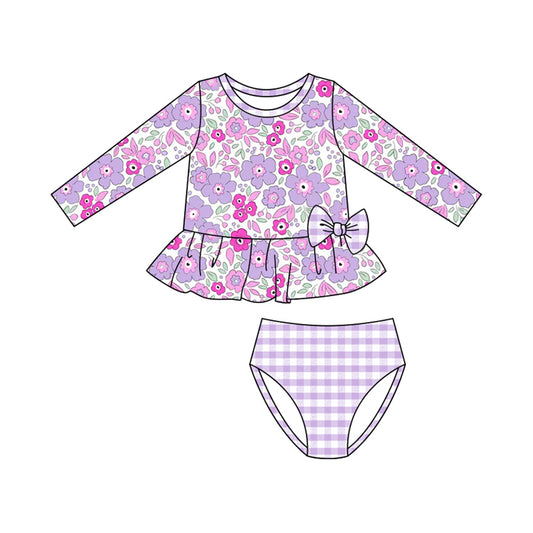 11.4 S0611 Pre order No Moq Baby Girls Pink Purple Flowers Tunic Checked Bummies 2 Piece Swimsuits