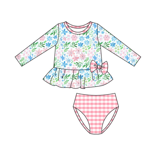 11.4 S0612 Pre order No Moq Baby Girls Pink Blue Floral Tunic Checked Bummies 2 Piece Swimsuits