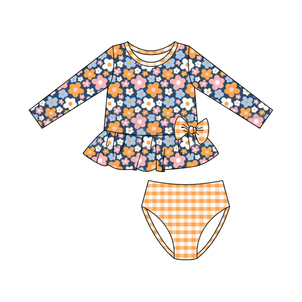 11.4 S0613 Pre order No Moq Baby Girls Orange Blue Floral Tunic Checked Bummies 2 Piece Swimsuits