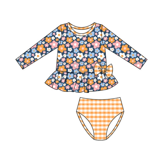 11.4 S0613 Pre order No Moq Baby Girls Orange Blue Floral Tunic Checked Bummies 2 Piece Swimsuits