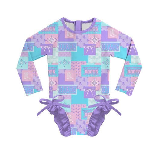 11.21 S0628 Pre order No Moq Baby Girls Long Sleeve Boots Aztec Checked Western Swimsuits