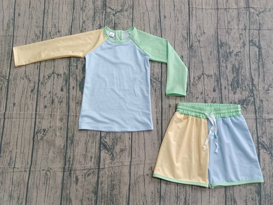 1.27 S0634 Sample No Moq Baby Boys Long Sleeve Yellow Aqua Blue Top Shorts Swimsuits Clothes Sets
