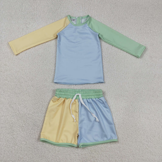 3.21 RTS NO MOQ （In stock）S0634 Kids Clothing for Baby Boys Long Sleeve Yellow Aqua Blue Shirts Top Shorts Swimsuits