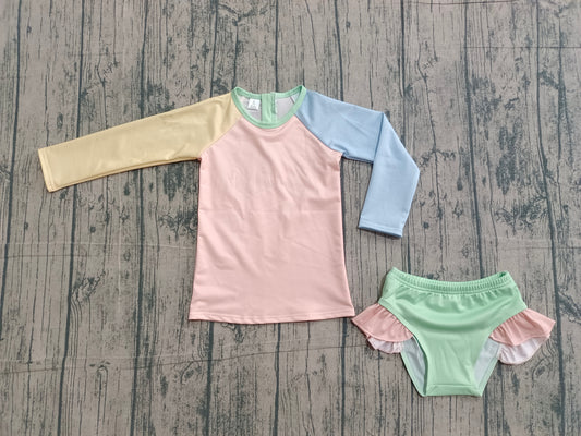 1.27 S0637 Sample No Moq Baby Girls Long Sleeve Yellow Aqua Blue Pink Top Bummies 2 Piece Swimsuits