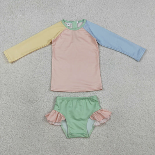 3.30 RTS NO MOQ （In stock）S0637 Long sleeves patchwork girls two pieces swimsuit