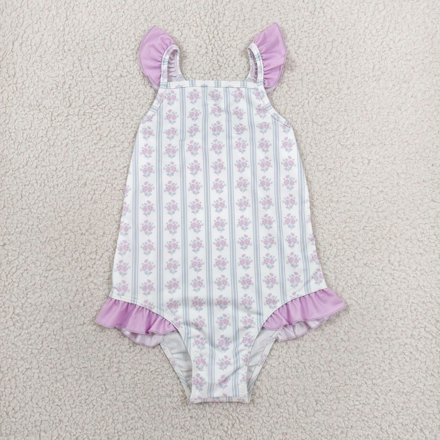 S0643 RTS NO MOQ （In stock ）Flutter sleeves floral stripe baby girls one piece swimsuit