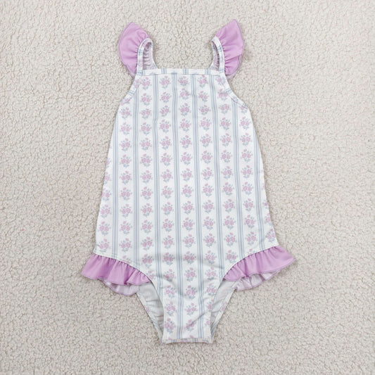 S0643 RTS NO MOQ （In stock ）Flutter sleeves floral stripe baby girls one piece swimsuit