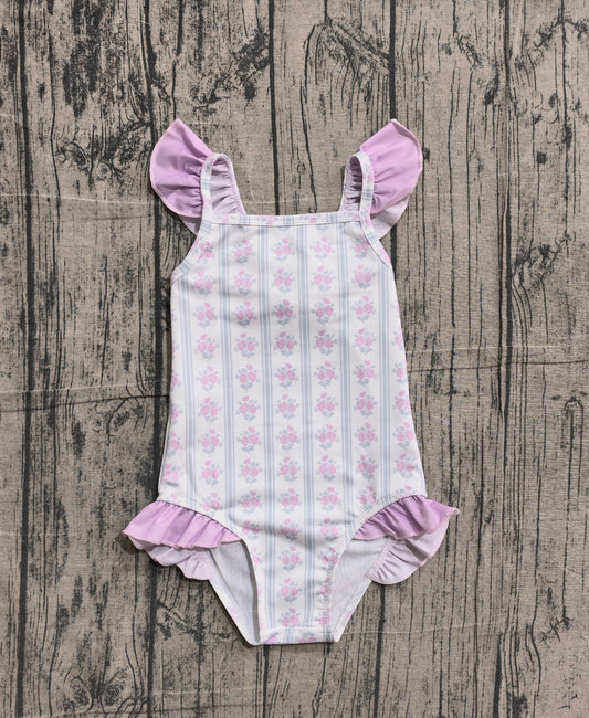 2.2 S0643 Sample No Moq Baby Girls Flowers Stripe Back Bows Romper Swimsuits