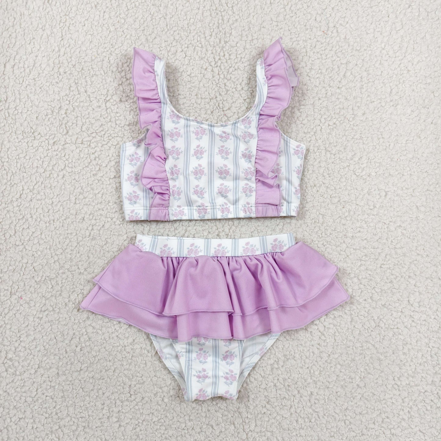 S0644 RTS NO MOQ （In stock ）Flutter sleeves ruffle floral girls two pieces summer swimsuit
