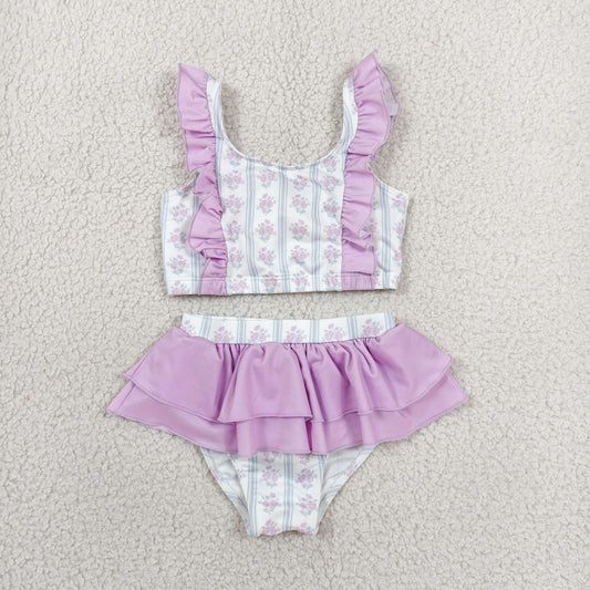 S0644 RTS NO MOQ （In stock ）Flutter sleeves ruffle floral girls two pieces summer swimsuit
