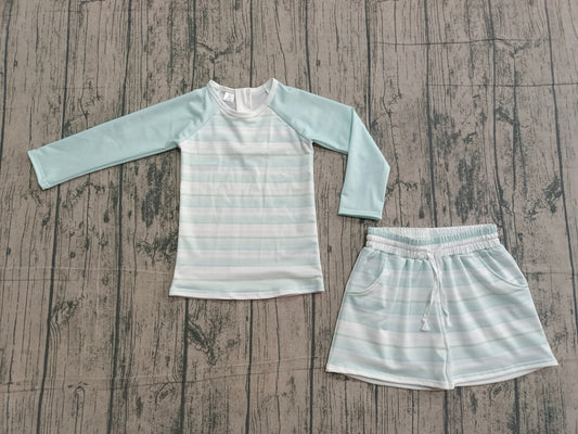 1.27 S0649 Sample No Moq Baby Boys Aqua Stripe Top Pockets Shorts Swimsuits Clothes Sets
