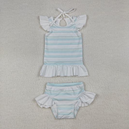 4.10 S0652 RTS NO MOQ （In stock ）Flutter sleeves stripe girls two pieces summer swimsuit