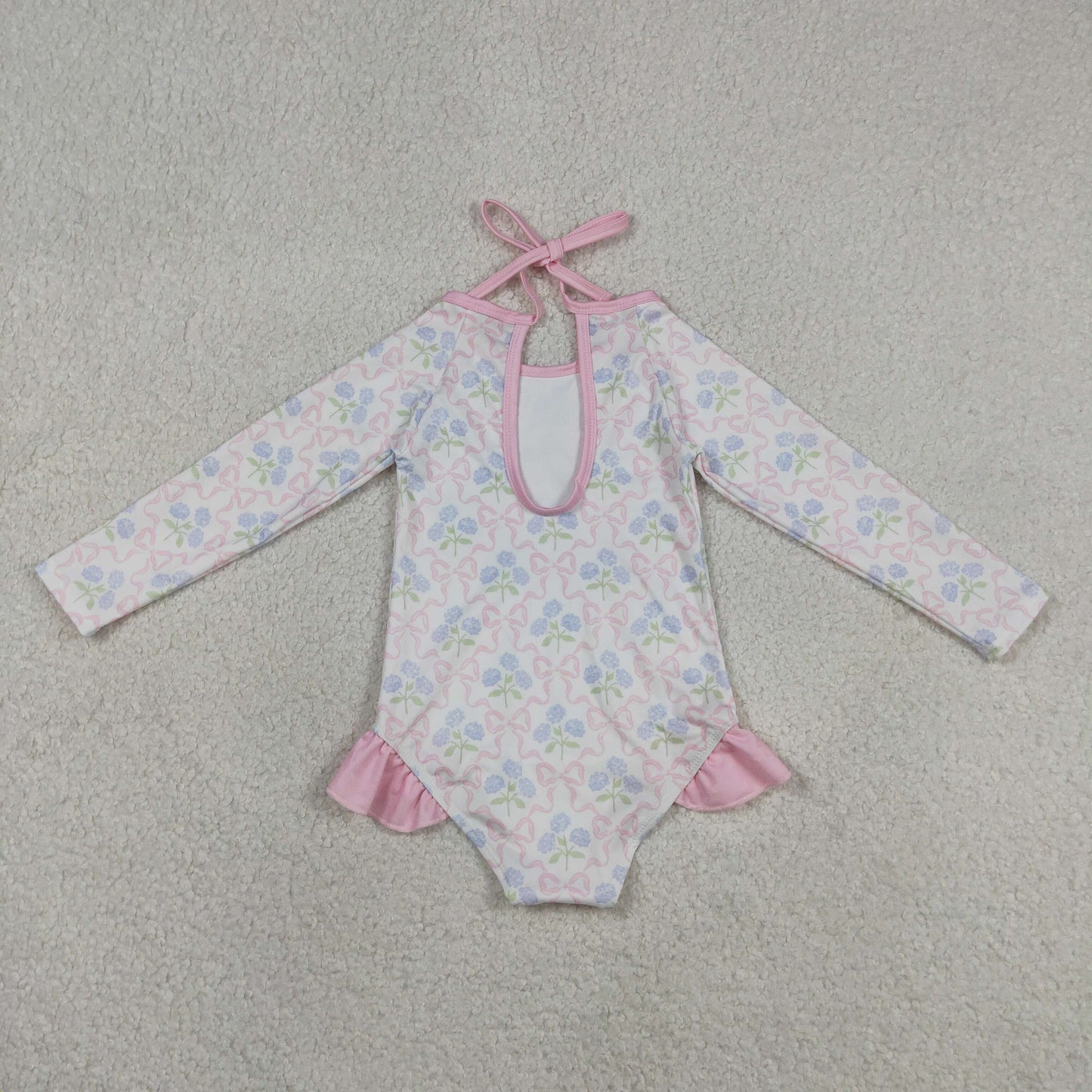 S0655 RTS NO MOQ （In stock ）Long sleeves bow floral baby girls one piece swimsuit
