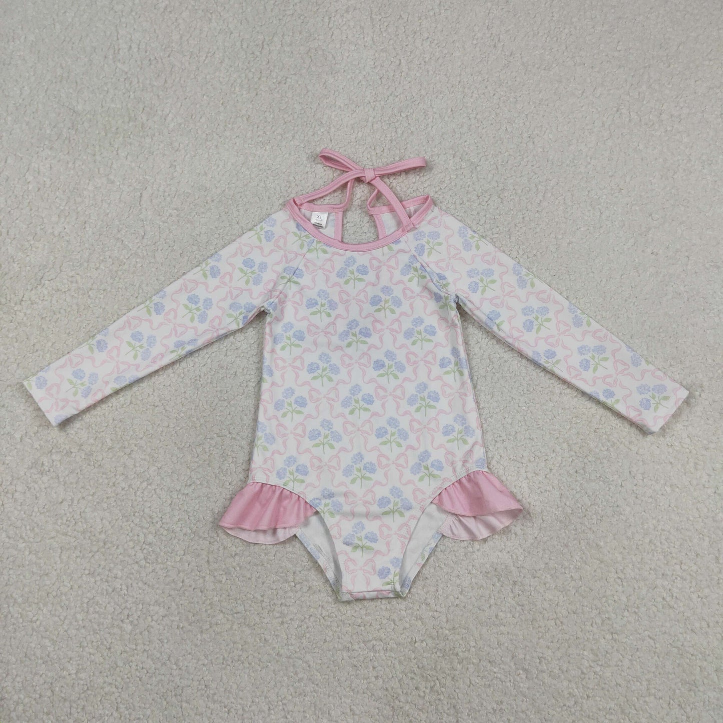 S0655 RTS NO MOQ （In stock ）Long sleeves bow floral baby girls one piece swimsuit