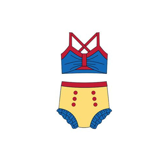 12.13 S0673 Pre order No Moq Baby Girls Blue Yellow Strap Vest Top Bummies 2 Pieces Swimsuits