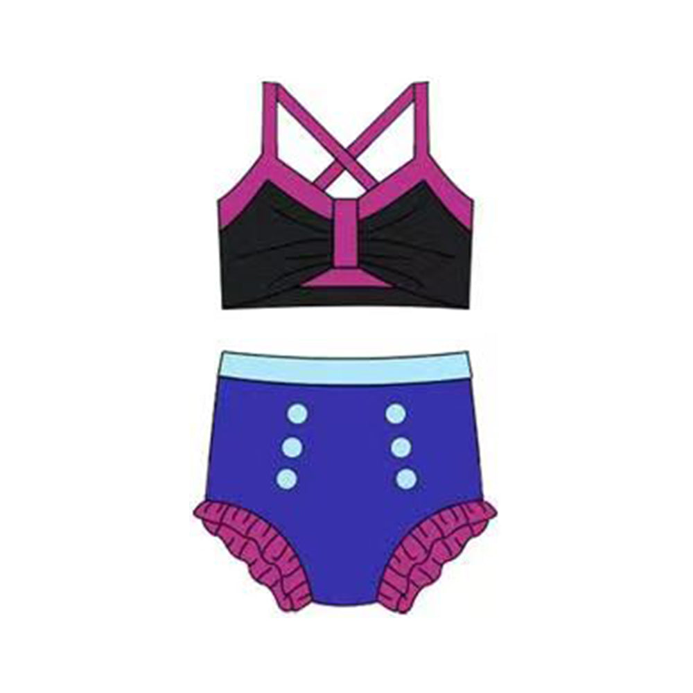 12.13 S0676 Pre order No Moq Baby Girls Black Purple Strap Vest Top Bummies 2 Pieces Swimsuits