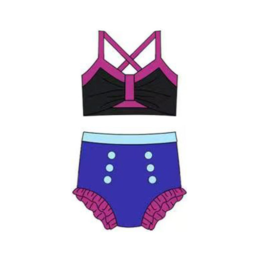 12.13 S0676 Pre order No Moq Baby Girls Black Purple Strap Vest Top Bummies 2 Pieces Swimsuits