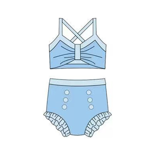 12.13 S0677 Pre order No Moq Baby Girls Light Blue Strap Vest Top Bummies 2 Pieces Swimsuits