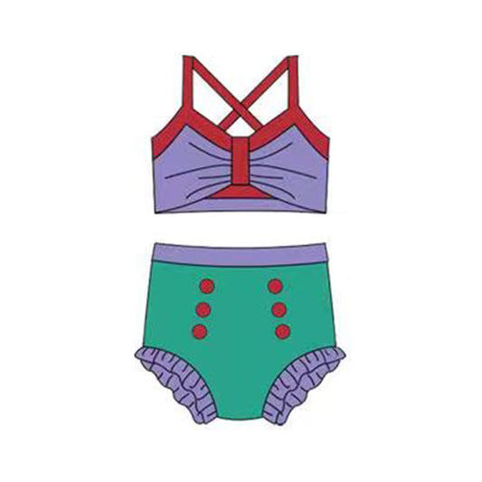 12.13 S0678 Pre order No Moq Baby Girls Purple Green Strap Vest Top Bummies 2 Pieces Swimsuits