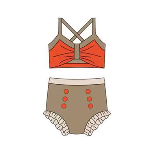 12.13 S0681 Pre order No Moq Baby Girls Khaki Orange Strap Vest Top Bummies 2 Pieces Swimsuits