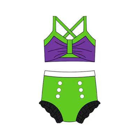 12.13 S0682 Pre order No Moq Baby Girls Green Purple Strap Vest Top Bummies 2 Pieces Swimsuits