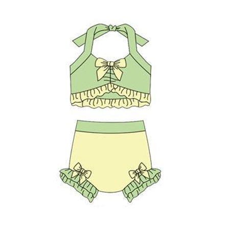 12.13 S0684 Pre order No Moq Baby Girls Light Green Yellow Strap Vest Bows Bummies 2 Pieces Swimsuits